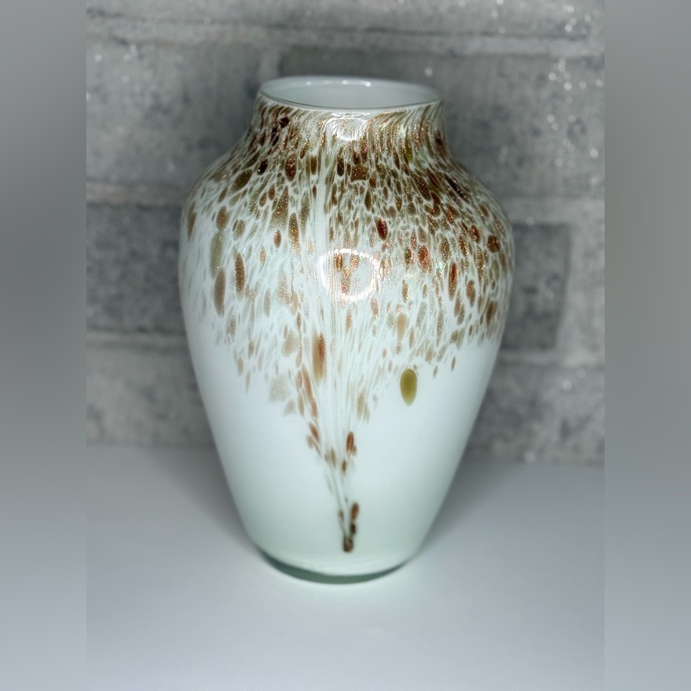 Vintage Opaline White Art Glass Vase w/ Copper Gold Fleck Speckles 10”